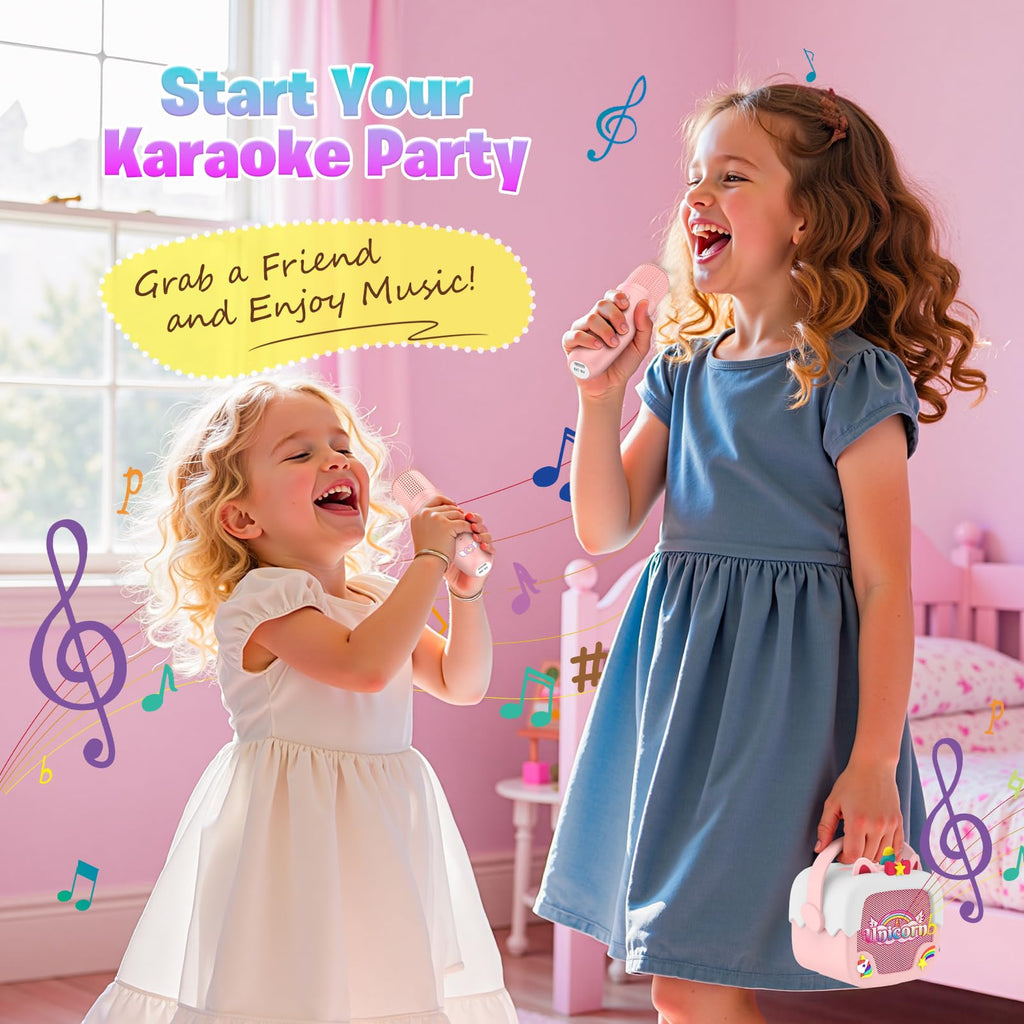 Delighkidz Mini Karaoke Machine for Kids - Unicorn Bluetooth Speaker with 2 Wireless Mics, Pink