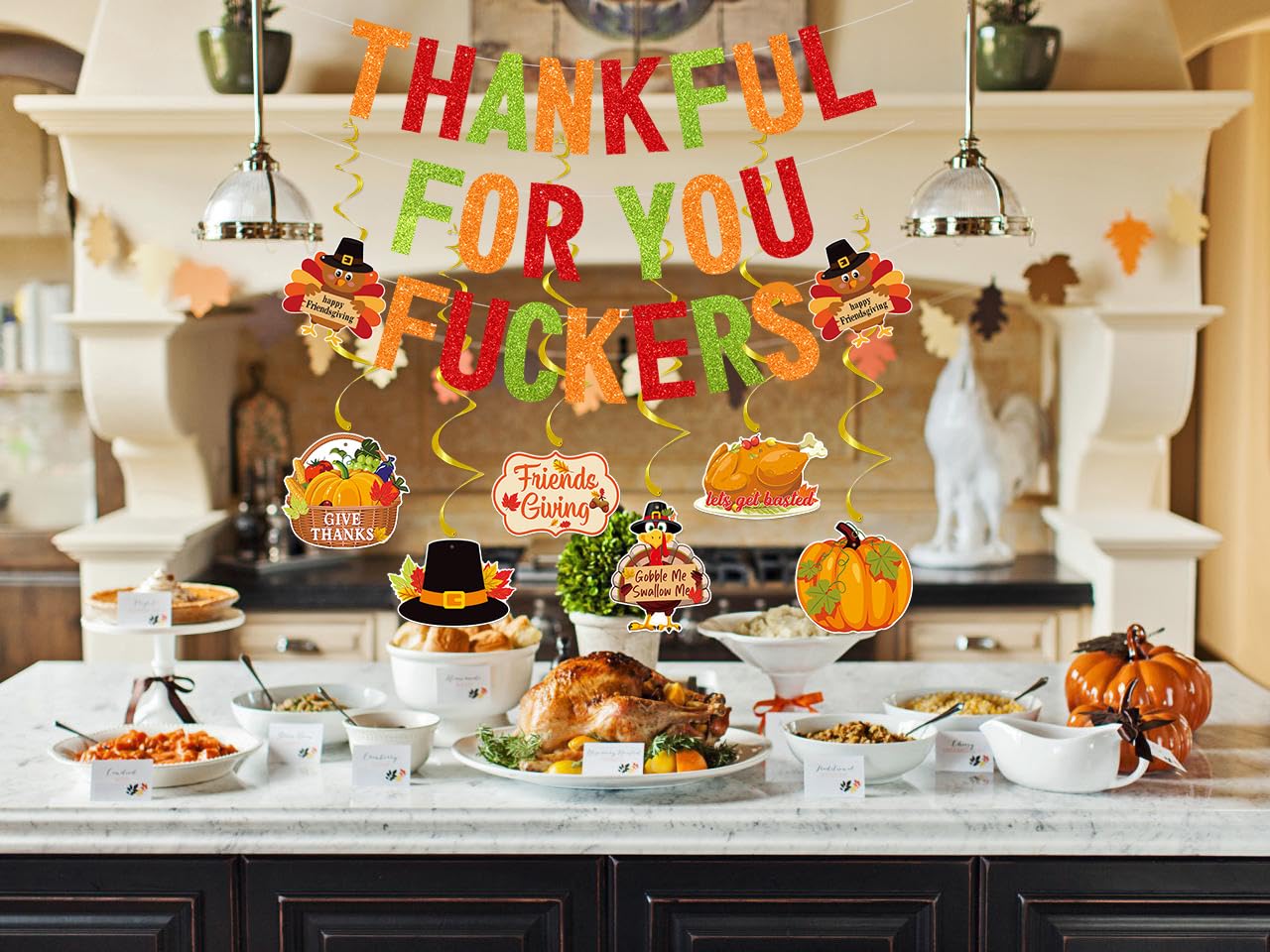 Deneo Glitter Thankful for You Banner – Pre-Assembled Friendsgiving Decoration for Mantel, Fireplace & Wall