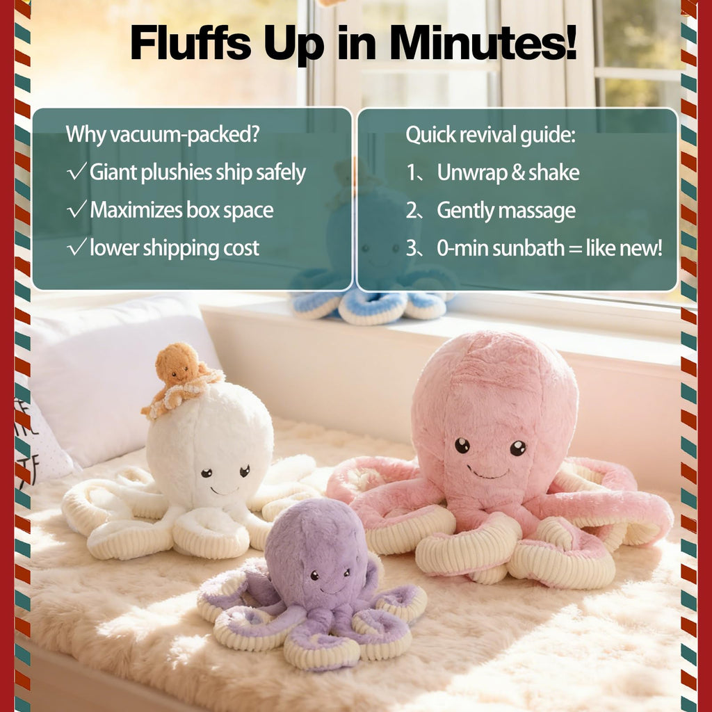 DENTRUN Giant Octopus Plush Toy – 5 Colors & 4 Sizes, Ultra-Soft Cuddly Sea Animal Stuffed Doll for Kids and Adults