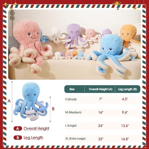 DENTRUN Giant Octopus Stuffed Animal - Soft Plush Toy in 5 Colors and 4 Sizes, Cuddly Sea Animal Doll for Kids and Adults