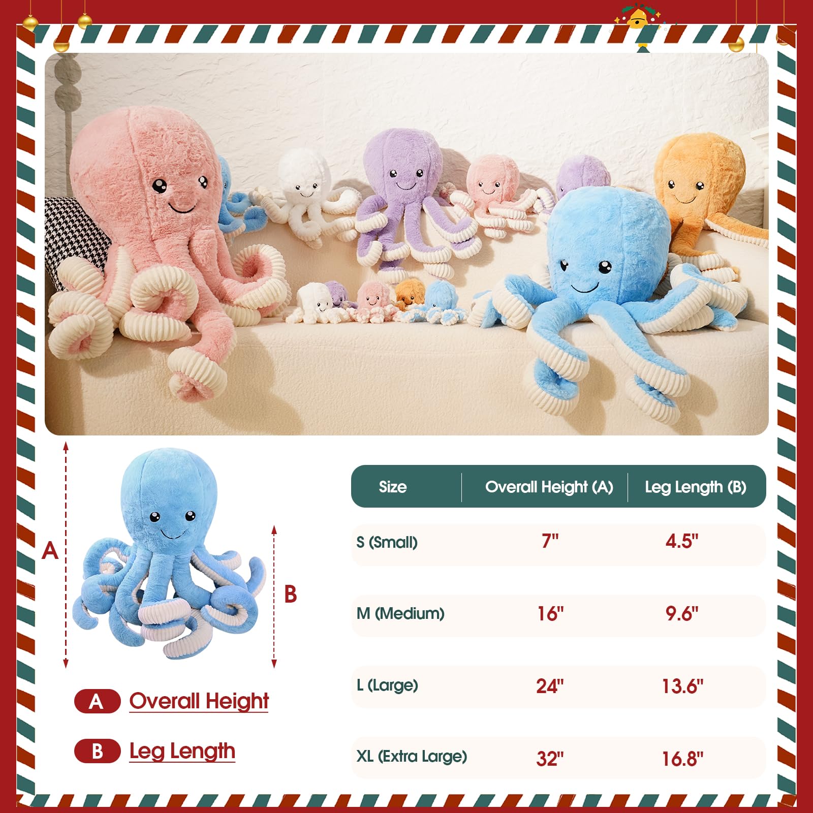 DENTRUN Giant Octopus Stuffed Animal - Soft Plush Toy in 5 Colors and 4 Sizes, Cuddly Sea Animal Doll for Kids and Adults