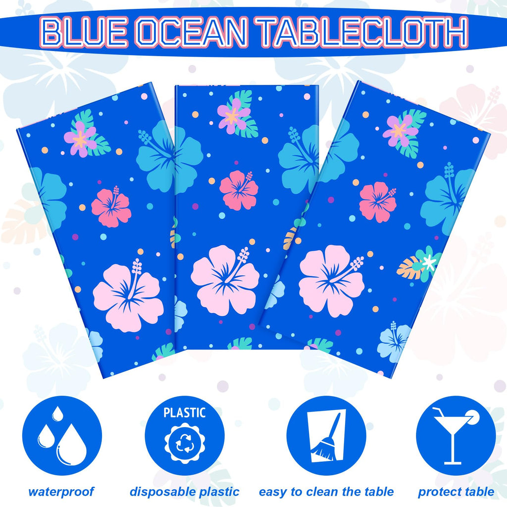 DERTE 3-Pack Blue Alien Hawaiian Birthday Tablecloth – Disposable Plastic Waterproof Rectangular Table Covers