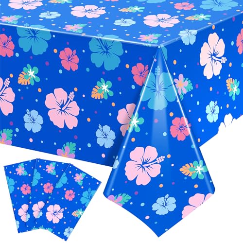 DERTE 3-Pack Blue Alien Hawaiian Birthday Tablecloth – Disposable Plastic Waterproof Rectangular Table Covers