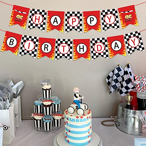 Derzhssg Race Car Birthday Banner - Checkered Flag Party Decor with Ribbon & Needle