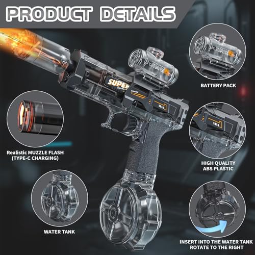 Deserthome Electric Water Gun with LED Lights, 32ft Range, Auto & Manual Modes – Gray