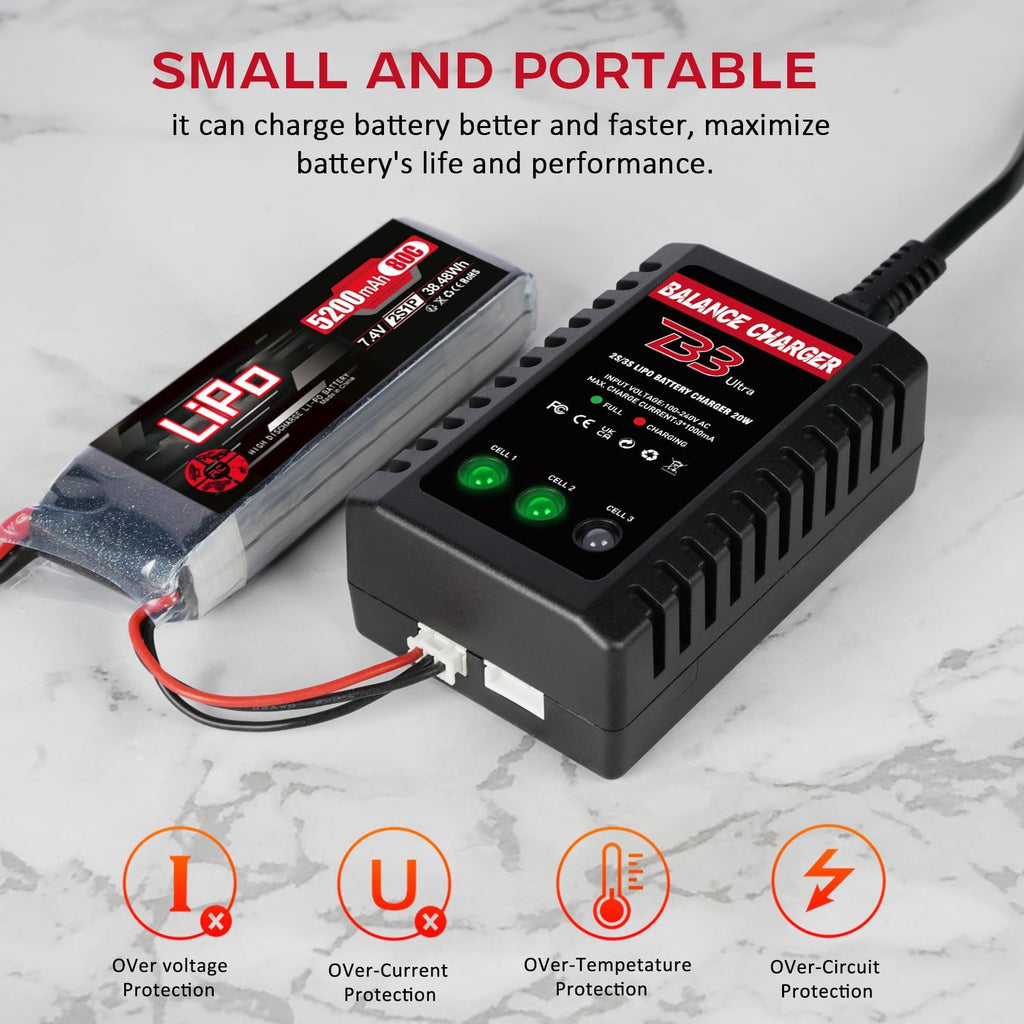 Dght LiPo Balance Charger 2S-3S – Compact RC Charger with XHR Plug, AC 100-240V, LED Charge Status