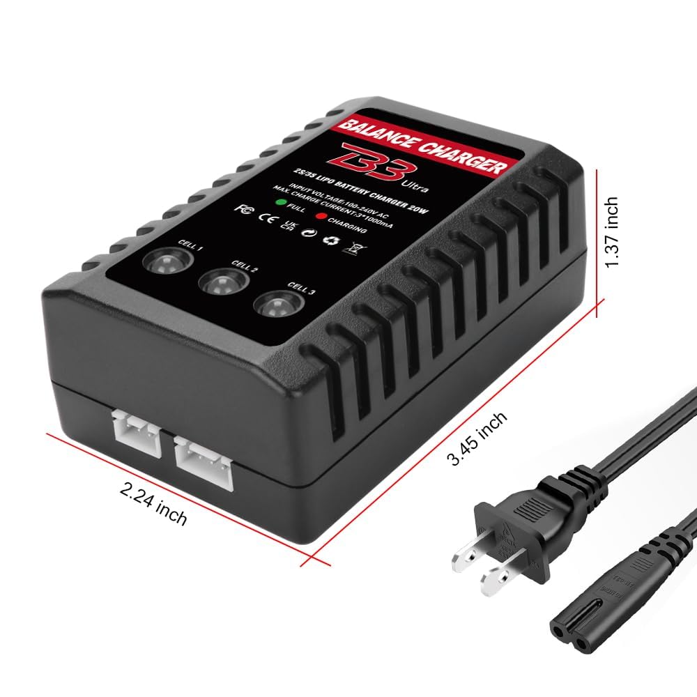 Dght LiPo Balance Charger 2S-3S – Compact RC Charger with XHR Plug, AC 100-240V, LED Charge Status