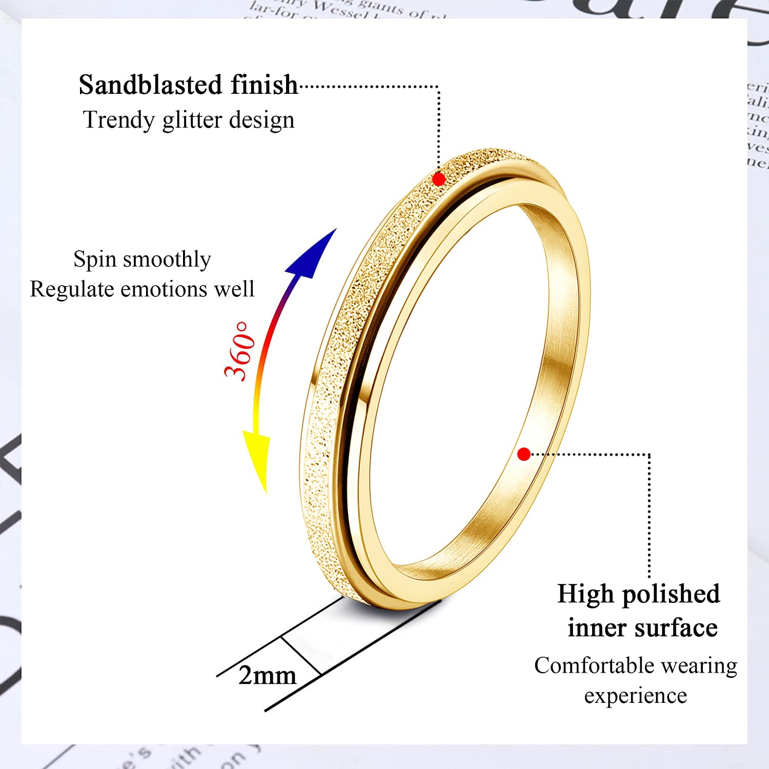Diamday 2/4mm Titanium Steel Fidget Spinner Ring - Anxiety Relief for Women & Men