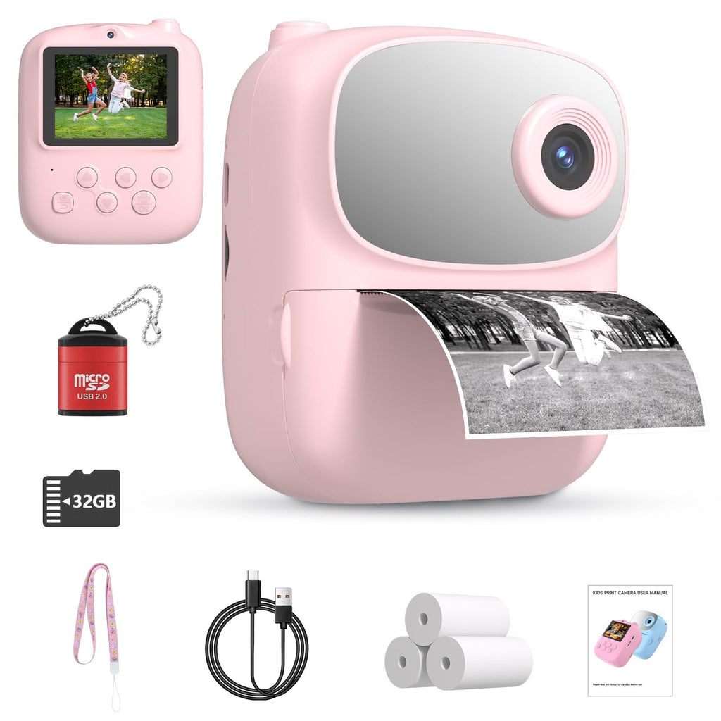 DIGITHINK Kids Instant Print Camera 2025 - Pink, 32GB, 2.4" Screen, 1080p HD, Dual Lens, Gift for Ages 4-13