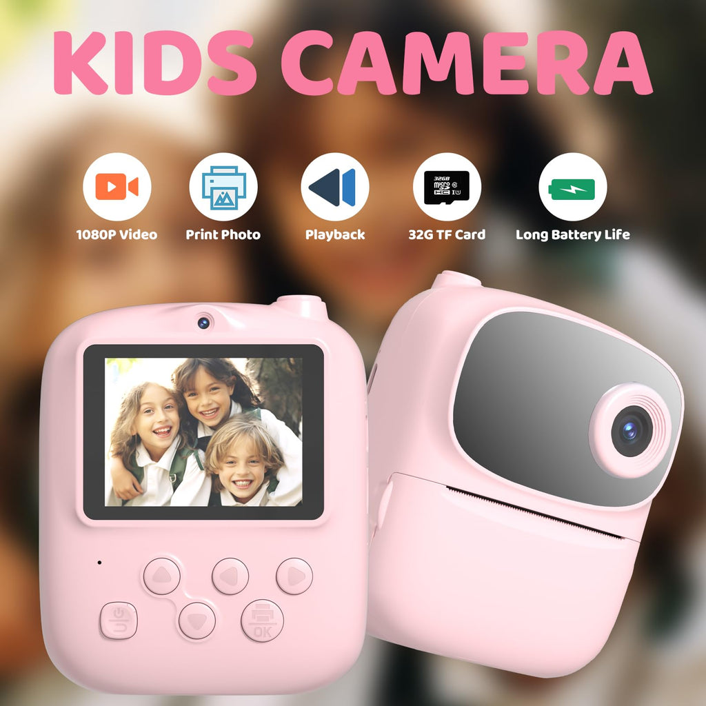 DIGITHINK Kids Instant Print Camera 2025 - Pink, 32GB, 2.4" Screen, 1080p HD, Dual Lens, Gift for Ages 4-13