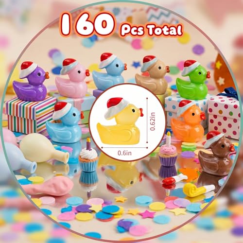 Diinokiy 160-Piece Glow-in-the-Dark Mini Resin Ducks with Santa Hats for Christmas Decor, Fairy Gardens, DIY Projects