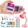 Diinokiy 20-Piece Dollhouse Miniature Accessories Set - Laptop, Tablet, Phone, Lamp, Glasses, Headset, Books, Coffee, Play Money - Pink