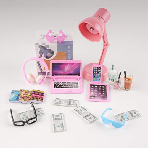 Diinokiy 20-Piece Dollhouse Miniature Accessories Set - Laptop, Tablet, Phone, Lamp, Glasses, Headset, Books, Coffee, Play Money - Pink