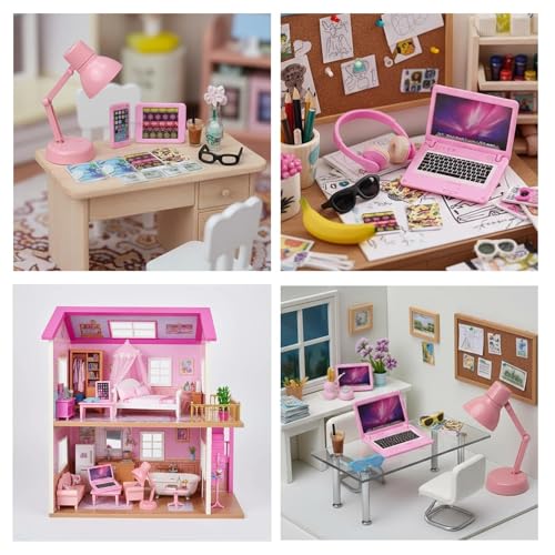 Diinokiy 20-Piece Dollhouse Miniature Accessories Set - Laptop, Tablet, Phone, Lamp, Glasses, Headset, Books, Coffee, Play Money - Pink