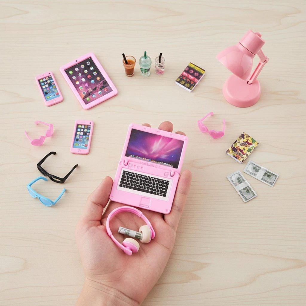 Diinokiy 20-Piece Dollhouse Miniature Accessories Set - Laptop, Tablet, Phone, Lamp, Glasses, Headset, Books, Coffee, Play Money - Pink