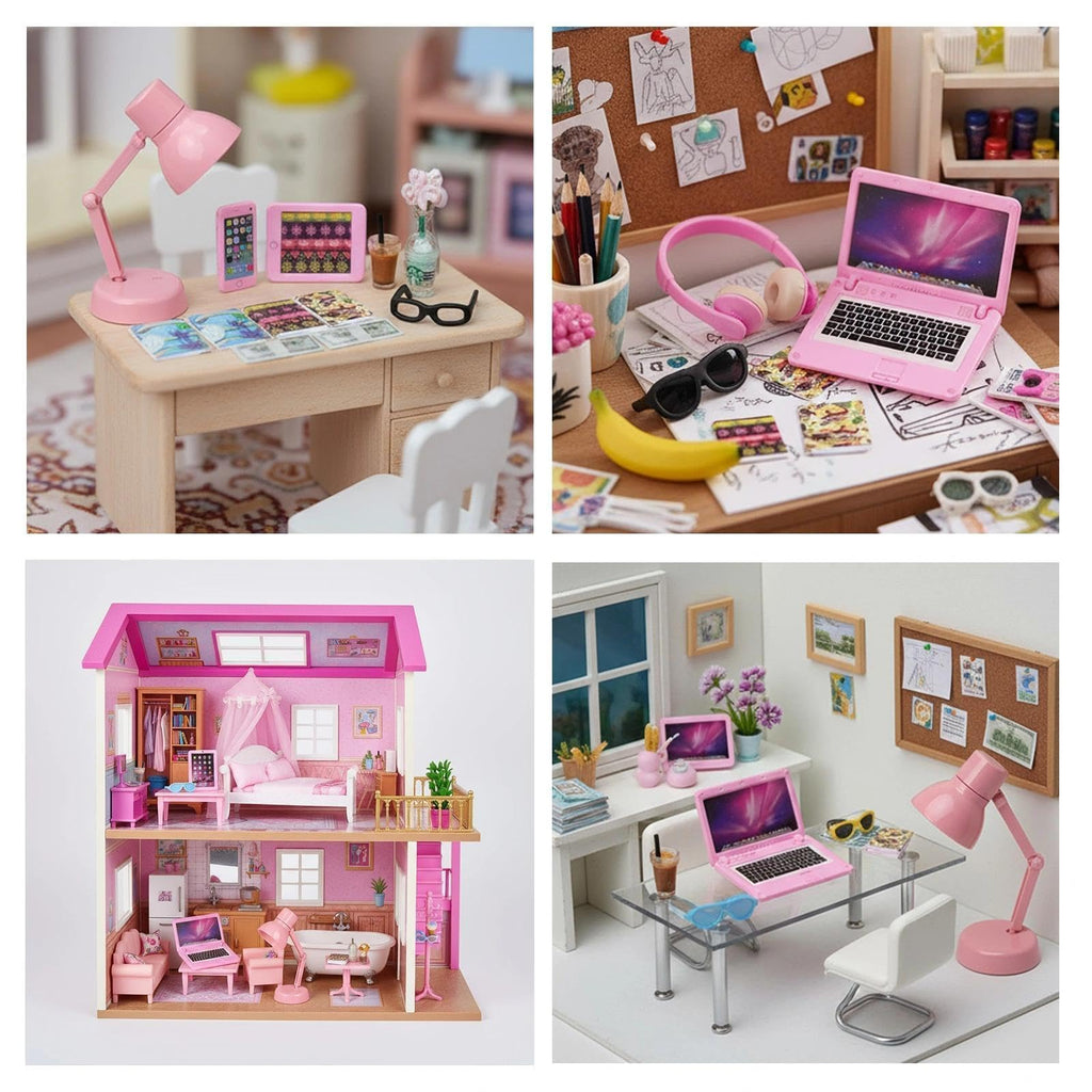 Diinokiy 20-Piece Dollhouse Miniature Accessories Set - Laptop, Tablet, Phone, Lamp, Glasses, Headset, Books, Coffee, Play Money - Pink