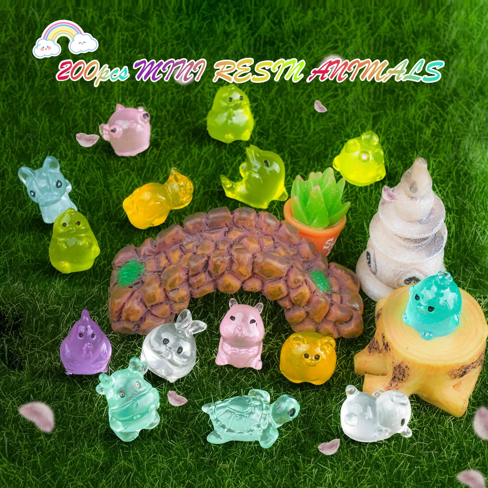 Diinokiy 200-Piece Luminous Mini Resin Animals Set – Glow-in-the-Dark Fairy Garden Decor