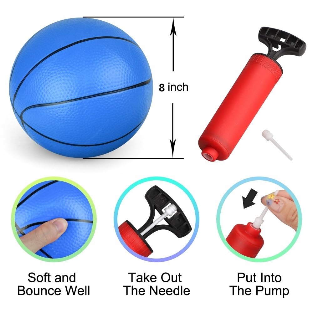 Dilabnba 8 Inch Mini Rubber Basketballs (4 Pack) - Soft Blue Balls for Kids Toddlers, Includes Pump and Pin