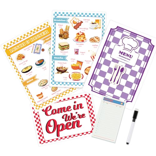 Diner Restaurant Play Set: 2 Double-Sided Menus, Open/Closed Sign, 60-Page Receipt Book, Erasable Pen