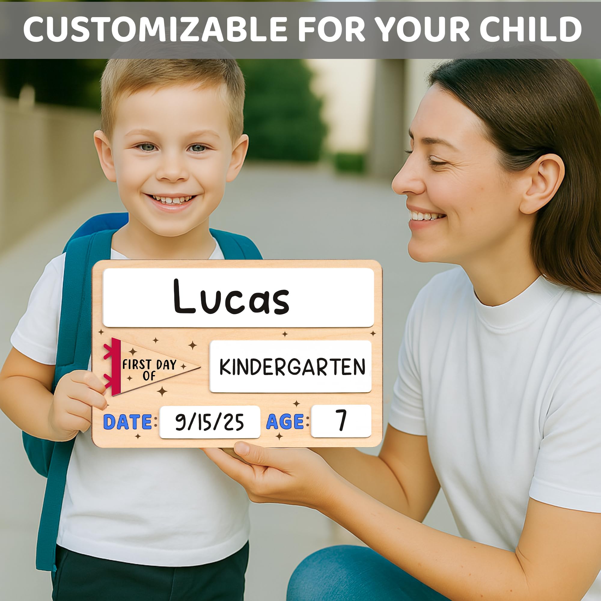 DINIZON First Day of School Sign 10x6.5 in - Reusable Wooden Chalkboard for Preschool Pre-K Kindergarten - Includes Marker, Easy to Clean Blue Board