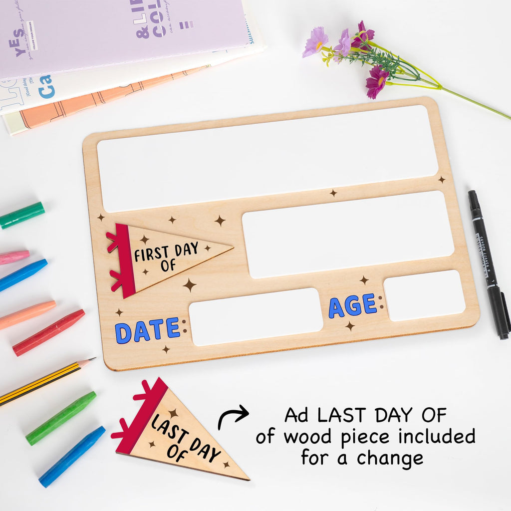 DINIZON First Day of School Sign 10x6.5 in - Reusable Wooden Chalkboard for Preschool Pre-K Kindergarten - Includes Marker, Easy to Clean Blue Board