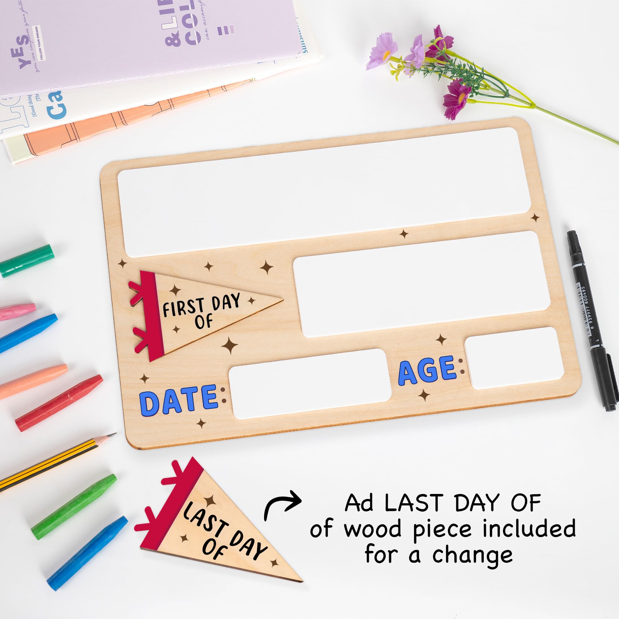 DINIZON First Day of School Sign 10x6.5 in - Reusable Wooden Chalkboard for Preschool Pre-K Kindergarten - Includes Marker, Easy to Clean Blue Board