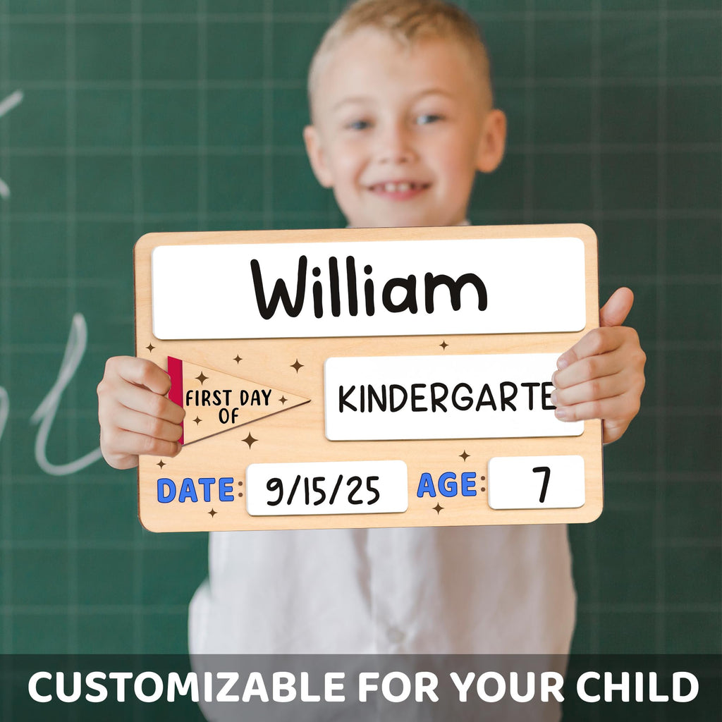 DINIZON First Day of School Sign 10x6.5 in - Reusable Wooden Chalkboard for Preschool Pre-K Kindergarten - Includes Marker, Easy to Clean Blue Board