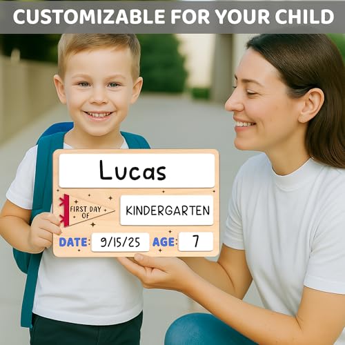 DINIZON First Day of School Sign 10x6.5 in - Reusable Wooden Chalkboard for Preschool Pre-K Kindergarten - Includes Marker, Easy to Clean Blue Board