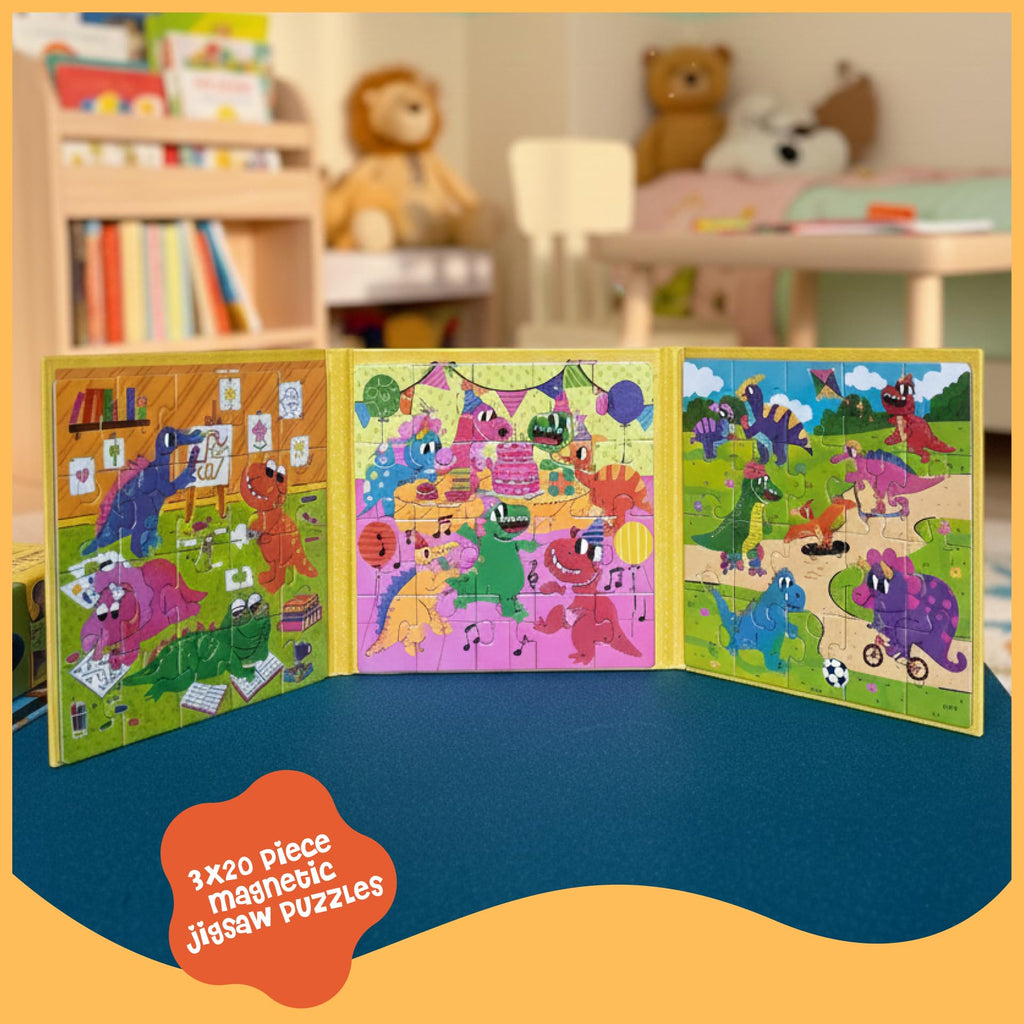 DINO MINI Magnetic Puzzle Set for Toddlers 3-5 - 3 x 20 Piece Dinosaurs Puzzles, Tri-Fold Travel Activity