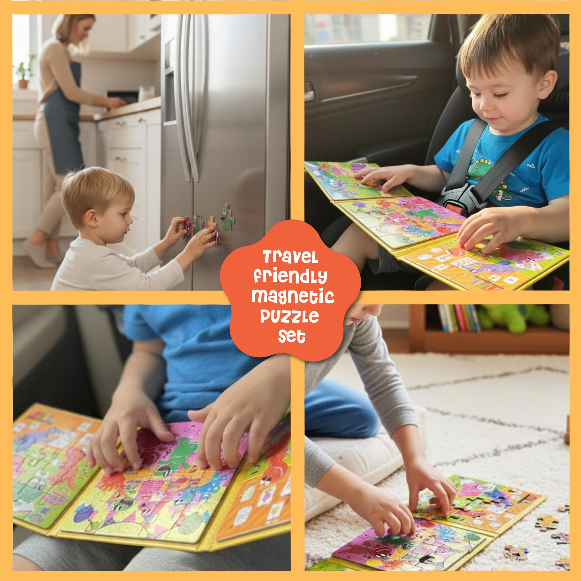 DINO MINI Magnetic Puzzle Set for Toddlers 3-5 - 3 x 20 Piece Dinosaurs Puzzles, Tri-Fold Travel Activity