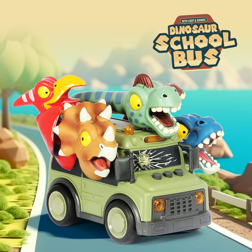DINOBROS Dinosaur School Bus Toy with Lights and Sounds - Friction Powered with 5 Dino Figures for Kids Ages 3+