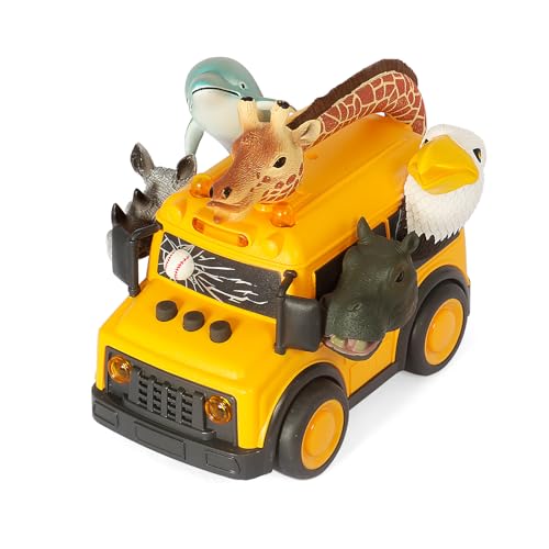 DINOBROS Yellow School Bus Toy with Light and Sound – Friction Powered Animal Bus for Kids Ages 3+