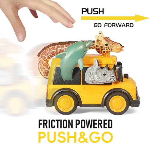 DINOBROS Yellow School Bus Toy with Light and Sound – Friction Powered Animal Bus for Kids Ages 3+
