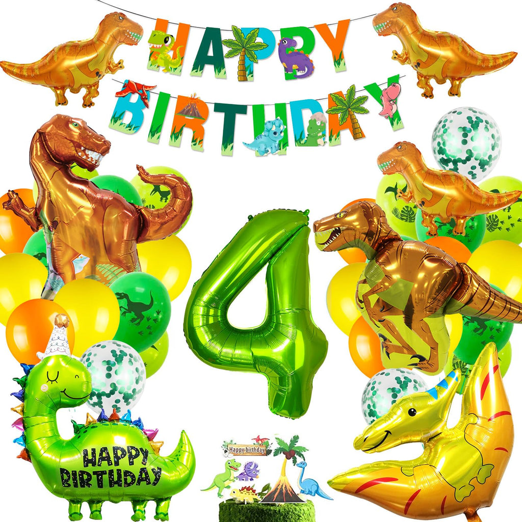 Dinosaur Birthday Decoration Set for Age 4 – Foil & Latex Balloons, Banner, Cake Topper