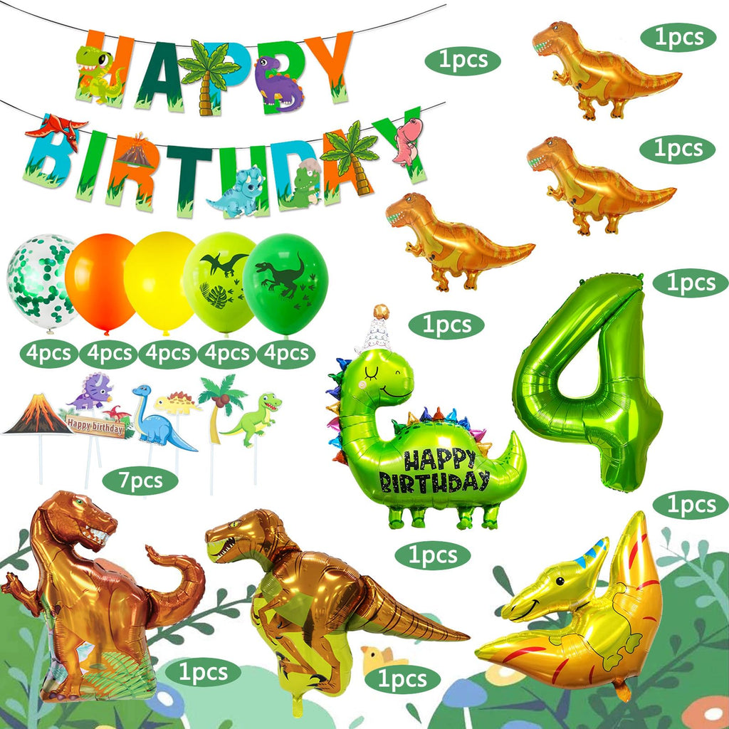 Dinosaur Birthday Decoration Set for Age 4 – Foil & Latex Balloons, Banner, Cake Topper
