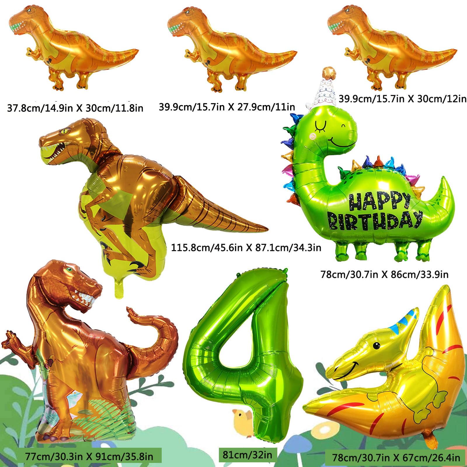 Dinosaur Birthday Decoration Set for Age 4 – Foil & Latex Balloons, Banner, Cake Topper