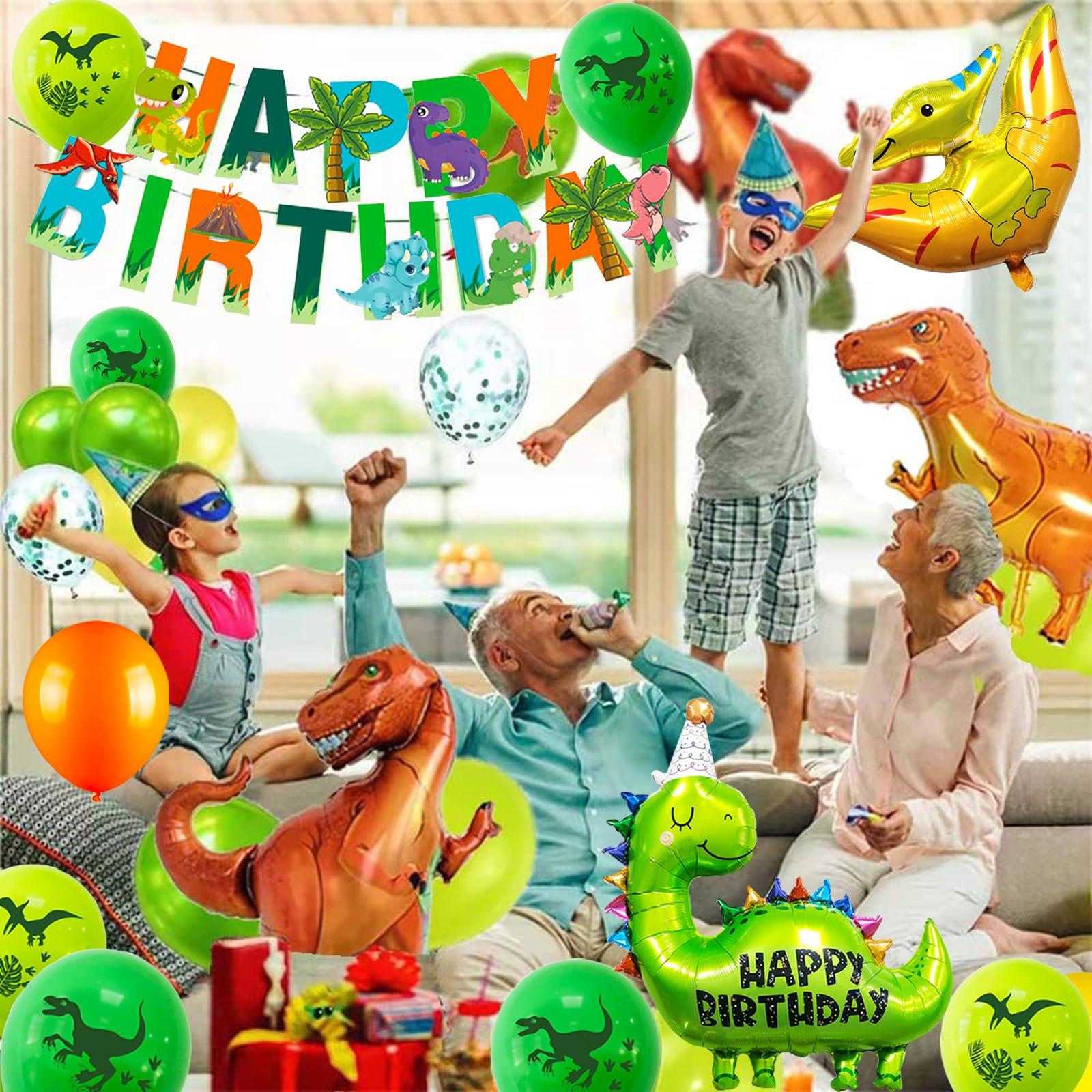 Dinosaur Birthday Decoration Set for Age 4 – Foil & Latex Balloons, Banner, Cake Topper