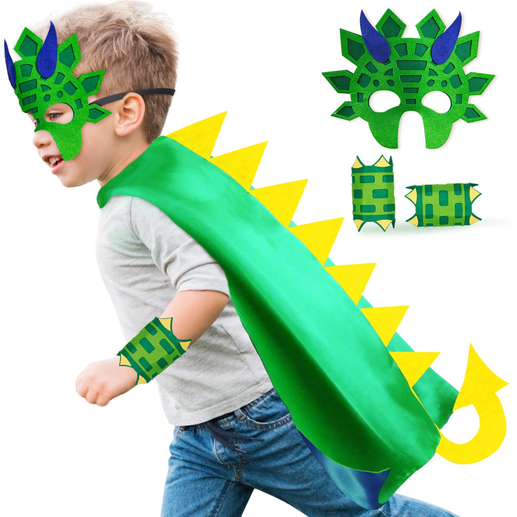 Dinosaur Costume for Kids - Dragon Cape Mask Set with 3D Spikes, Soft Lining, Ages 3-9