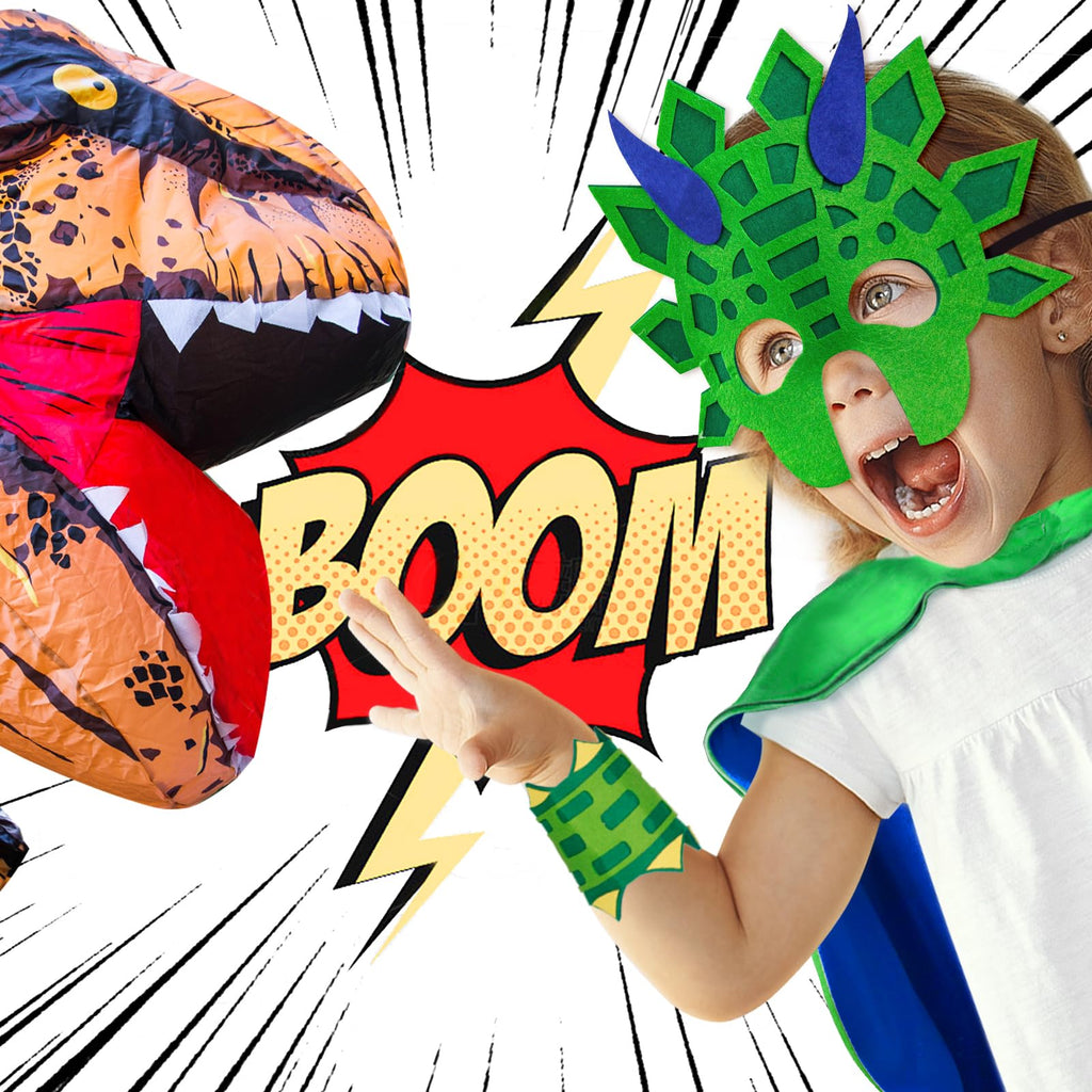Dinosaur Costume for Kids - Dragon Cape Mask Set with 3D Spikes, Soft Lining, Ages 3-9