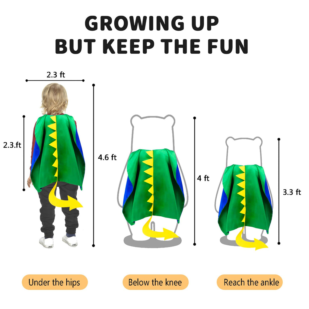 Dinosaur Costume for Kids - Dragon Cape Mask Set with 3D Spikes, Soft Lining, Ages 3-9