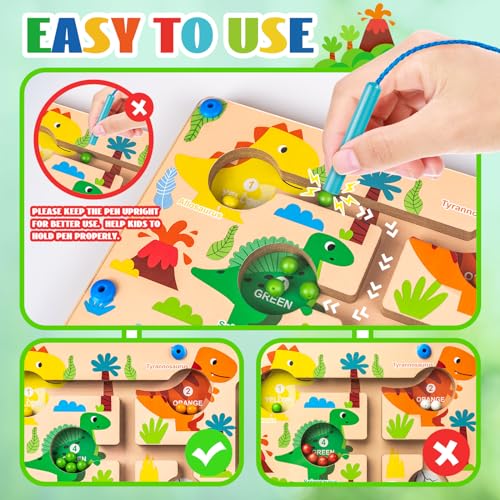 Dinosaur Magnetic Color and Number Maze – Montessori Wooden Puzzle for Toddlers 3-5