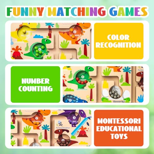 Dinosaur Magnetic Color and Number Maze – Montessori Wooden Puzzle for Toddlers 3-5