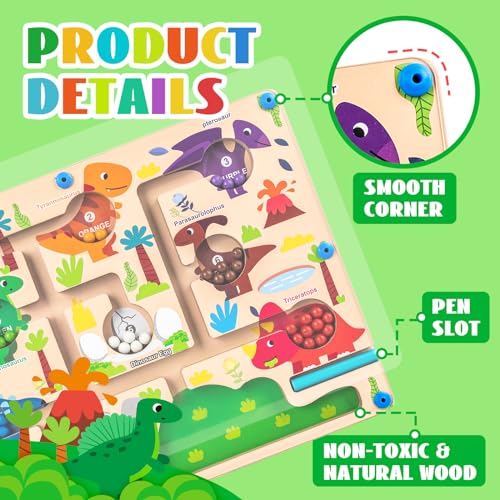 Dinosaur Magnetic Color and Number Maze – Montessori Wooden Puzzle for Toddlers 3-5