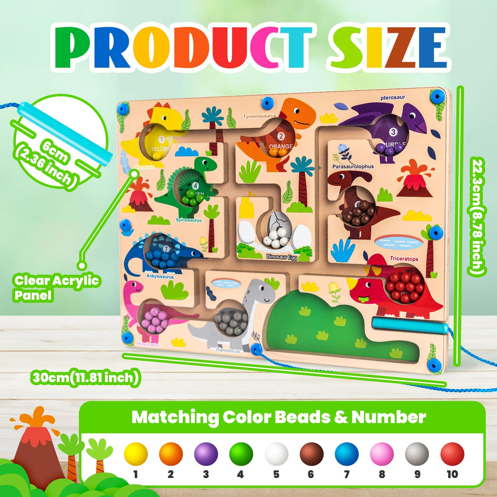Dinosaur Magnetic Color and Number Maze – Montessori Wooden Puzzle for Toddlers 3-5