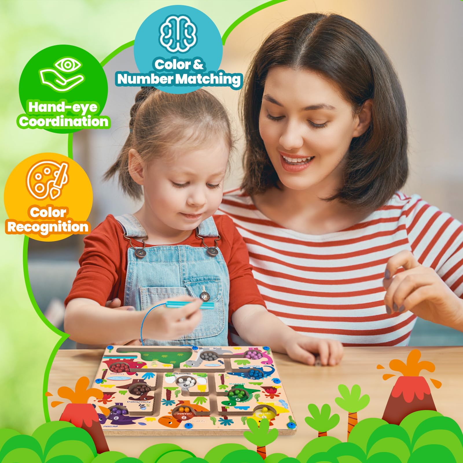 Dinosaur Magnetic Color and Number Maze – Montessori Wooden Puzzle for Toddlers 3-5
