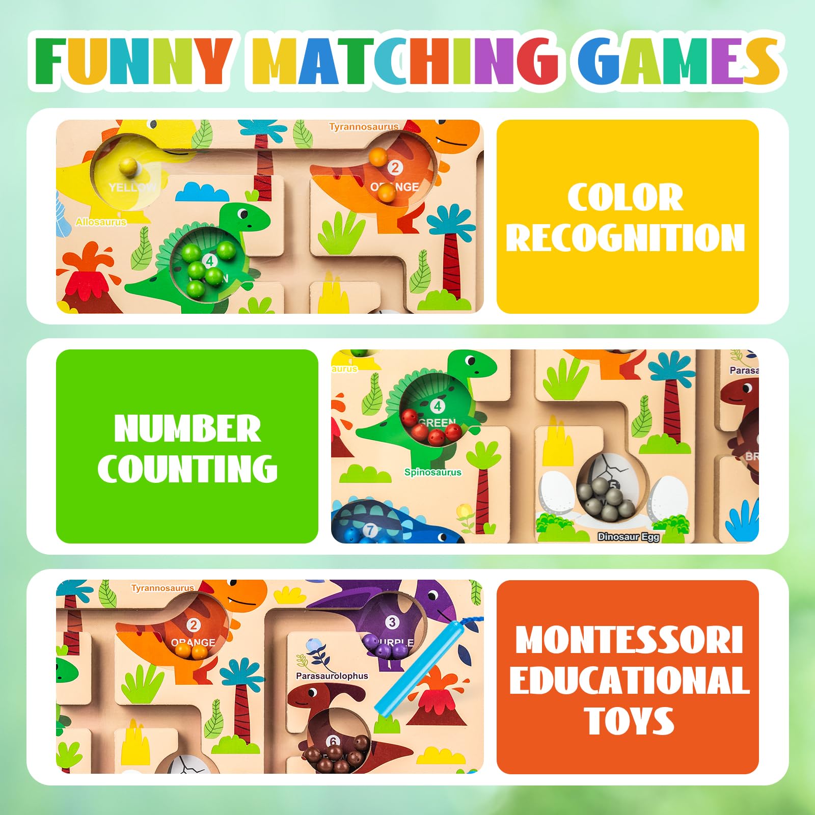 Dinosaur Magnetic Color and Number Maze – Montessori Wooden Puzzle for Toddlers 3-5