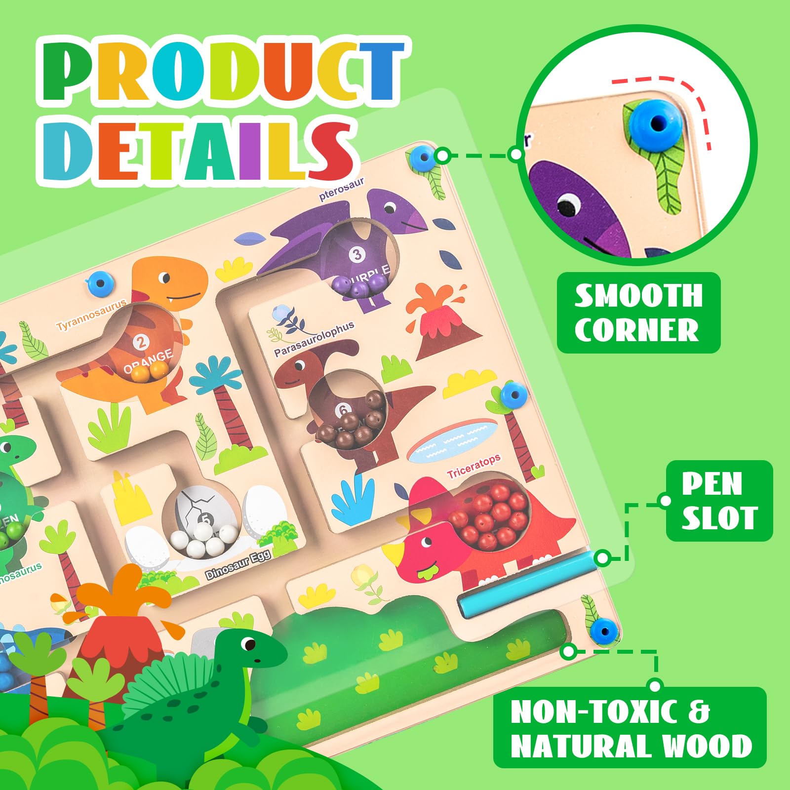 Dinosaur Magnetic Color and Number Maze – Montessori Wooden Puzzle for Toddlers 3-5