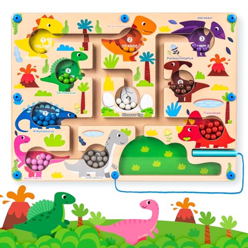 Dinosaur Magnetic Color and Number Maze – Montessori Wooden Puzzle for Toddlers 3-5