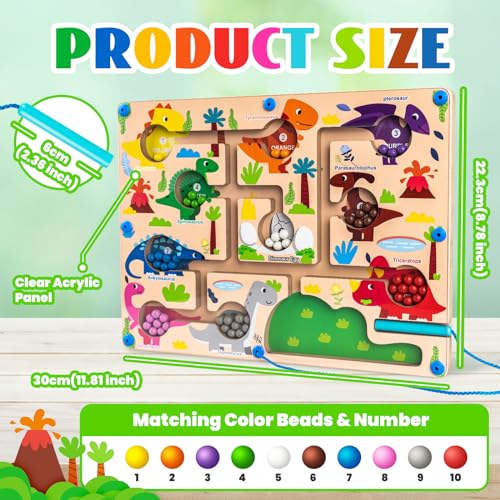 Dinosaur Magnetic Color and Number Maze – Montessori Wooden Puzzle for Toddlers 3-5