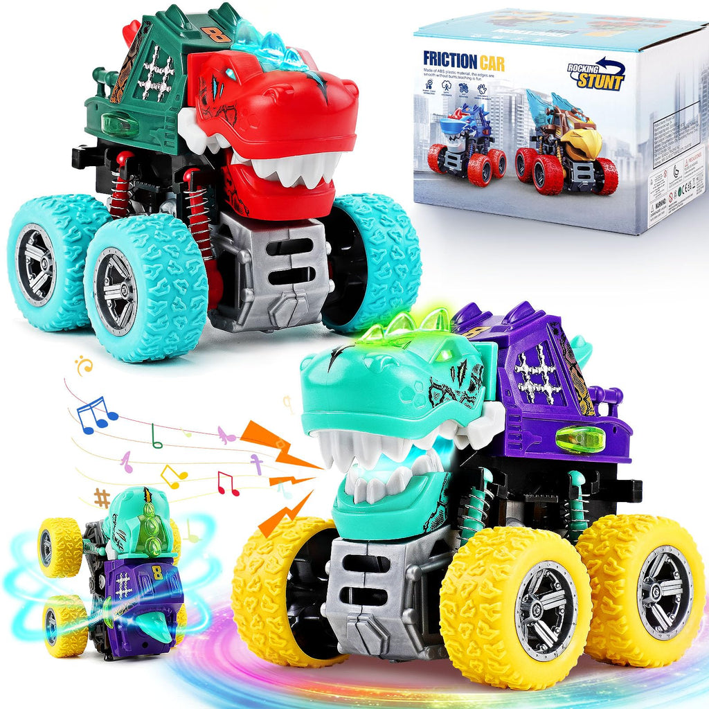 Dinosaur Monster Truck Toys for Kids 3-5 – Friction Powered 360° Stunt Spin with LED Lights & Roaring Sounds (2-Pack)